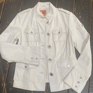Tory Burch White Leather Jacket with Silver Embellished Hardware Throughout